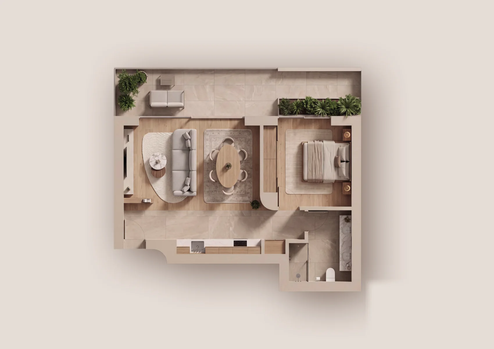 Planta tipo do T1: sala e cozinha em open space, um quarto e instalação sanitária