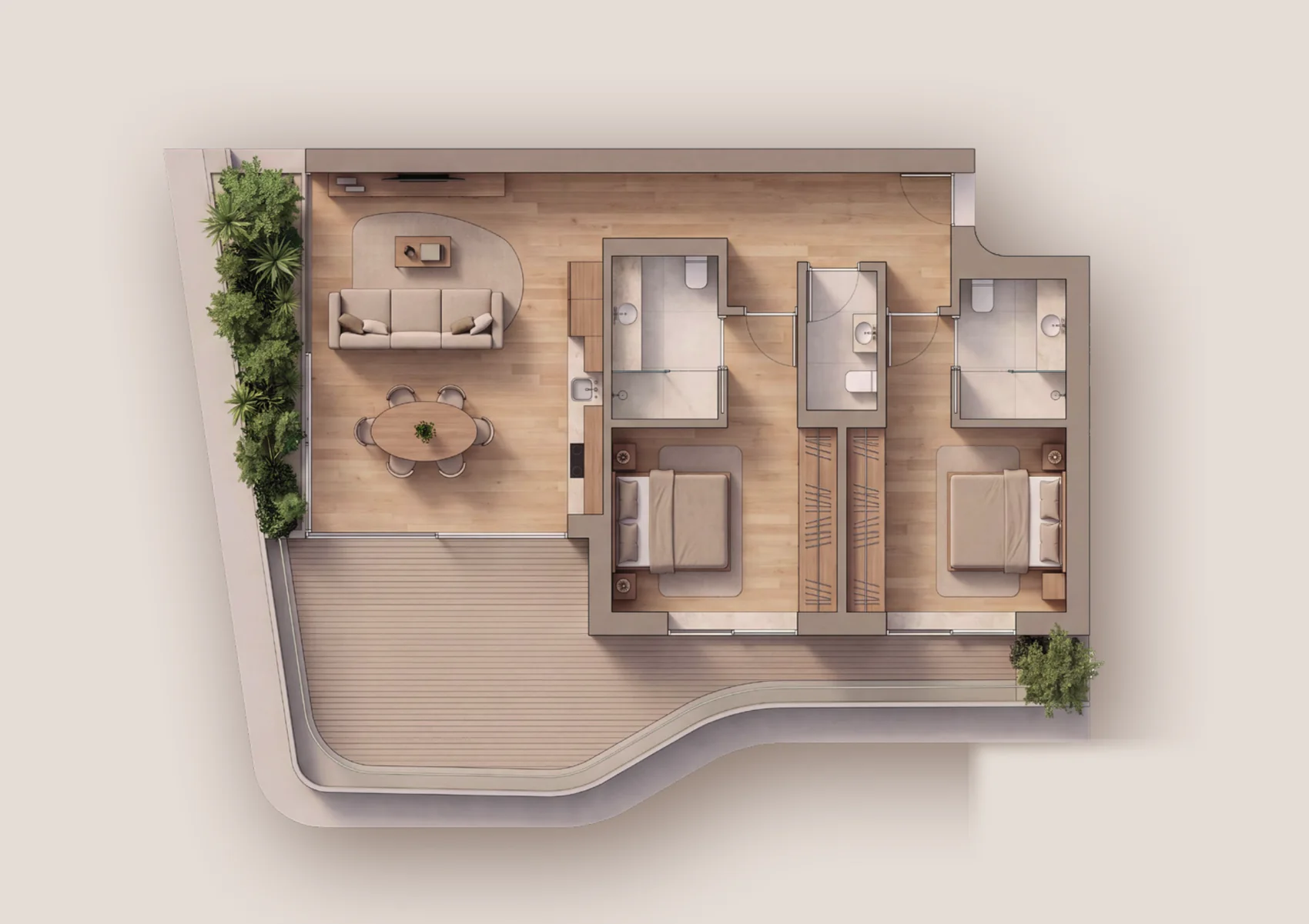 Planta tipo do T2+: dois quartos, sala ampla e varanda curva de grande dimensão